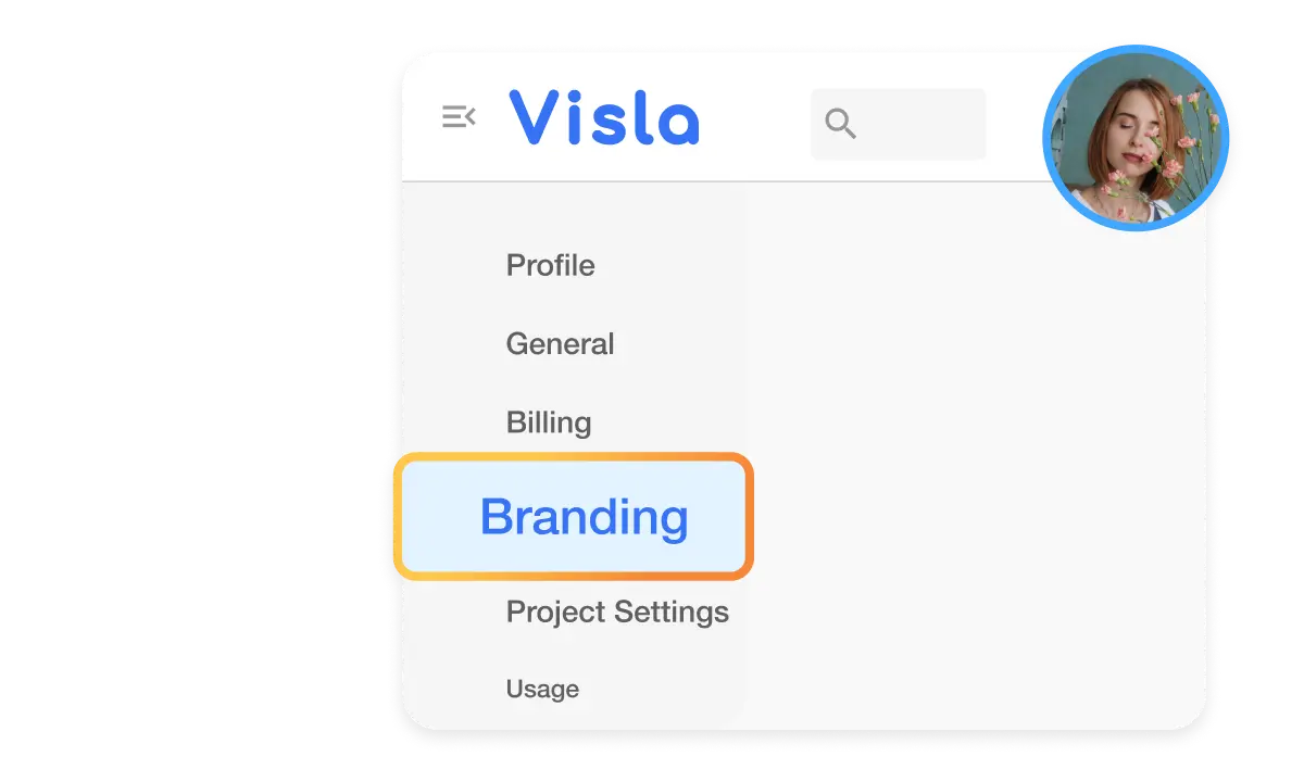 Visla Video Branding: Branding Flexibility Across Levels highlighting 'Branding' tab, emphasizing 'Branding Flexibility Across Levels' for user-level, project, and scene-specific.